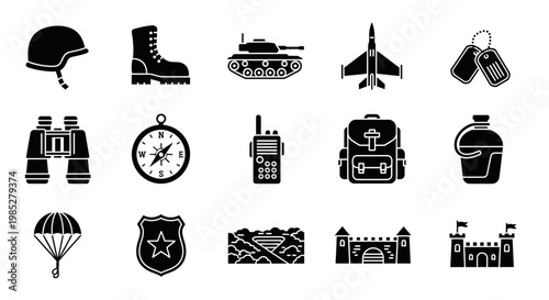 Black and white icons depicting military gear navigation tools and fortifications
