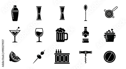 Black and white icons representing bartending tools drinks and bar accessories
