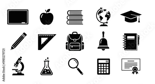 Black and white icons representing various school and learning supplies arranged in three rows