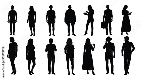 A collection of black silhouettes depicting various people standing in different poses and attire high quality