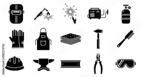 Black and white icons representing welding tools and safety equipment