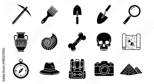 Black silhouette icons representing archaeology and adventure tools and finds