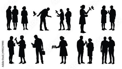 A collection of black silhouette figures interacting with pigeons in a park setting high quality professional