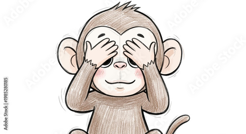 Cute monkey covering eyes with hands, playful gesture, cartoon illustration