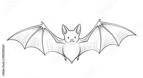 Hand-drawn bat illustration with outstretched wings, black and white sketch.