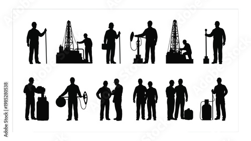 Silhouette illustrations depict oil rig workers performing various tasks presented in a clean minimalist style