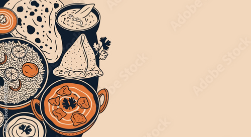 Indian Food Frame Background with Butter Chicken Samosa Biryani and Naan Bread Illustration