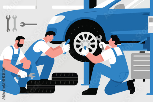 Illustration Of A Team Of Mechanics Changing A Car Tire Vector Design Template