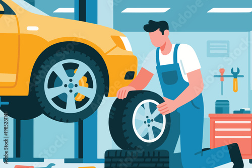 Illustration Of A Mechanic Changing A Car Tire Vector Design Template