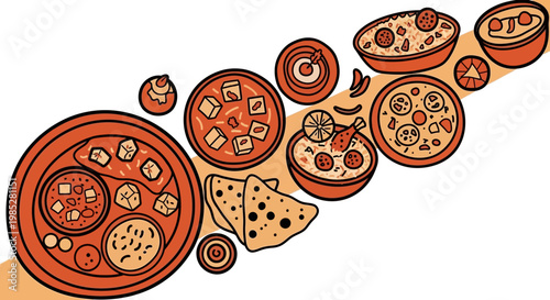 Traditional Indian Food Collection Vector Illustration Featuring Paneer Tikka Masala Biryani and Naan Bread in Flat Line Art Style.