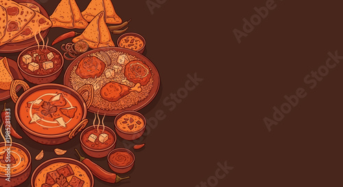 Traditional Indian Food Feast Vector Illustration with Biryani, Butter Chicken, and Samosa in Color Line Art Style.