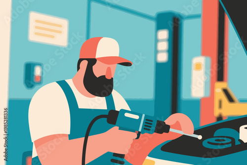 Illustration Of A Professional Mechanic Using A Screwdriver To Repair A Car Engine Vector Design Template