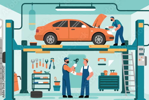 Illustration Of Professional Mechanic Repairing A Car On A Hydraulic Jack In A Modern Workshop Service Center Vector Design Template