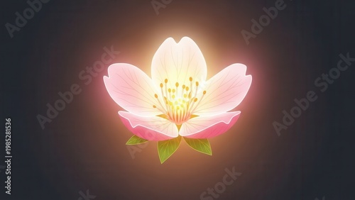 Vibrant ethereal pink blossom radiating soft magical light against a tranquil dark background