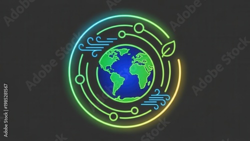 Vibrant neon graphic illustrating global renewable energy systems and ecological balance