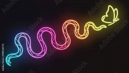Radiant neon segmented path evolving into a luminous butterfly silhouette, dynamic digital artwork