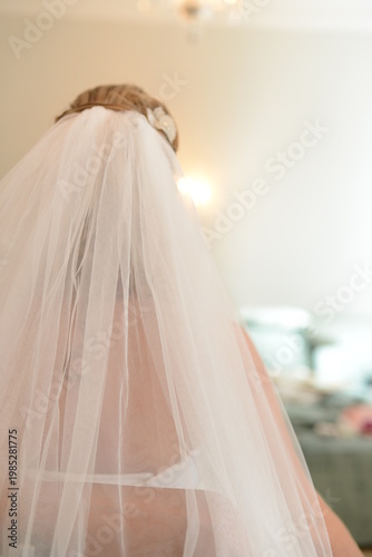 back view of a bride wearing a long white tulle veil, elegant bridal hairstyle with veil seen from behind, close up of wedding veil and hair accessory during preparation, bride back profile in white w