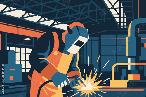 Illustration Of A Man Wearing A Helmet And Complete Safety Equipment Welding In A Workshop Vector Design Template