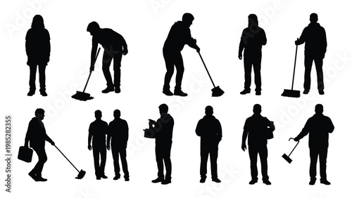 A collection of black silhouette figures depicting people engaged in various cleaning and manual labor tasks