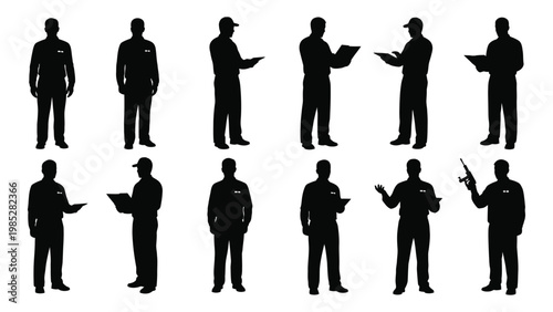 A collection of black silhouette figures depicting various delivery and service personnel high quality professional detailed
