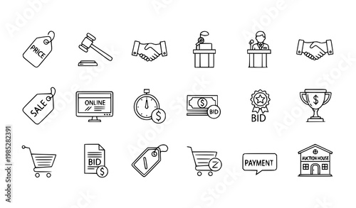 Simple auction and bidding line icons set with price tag deal gavel and online auction symbols vector