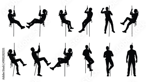 Silhouettes of people rappelling or ascending ropes showcasing various postures and positions high quality professional detailed