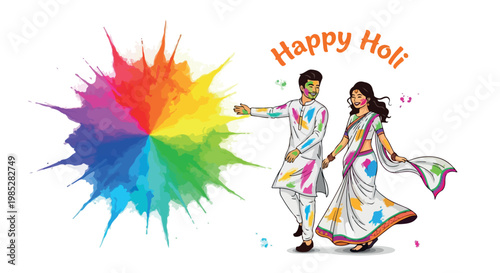 Illustration of a man and woman celebrating Holi with colorful powder against a white background.