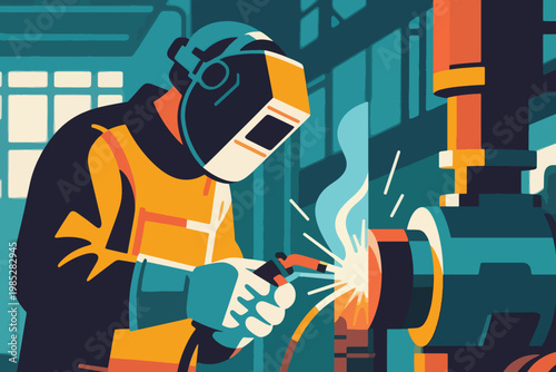 Illustration Of A Man Wearing A Welding Helmet Welding An Iron Pipe Vector Design Template