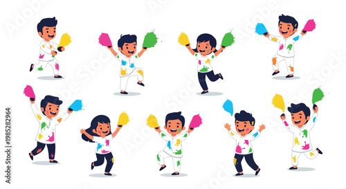 Set of colorful cartoon illustrations of a man juggling clubs in various dynamic poses on a white background with a playful mood.