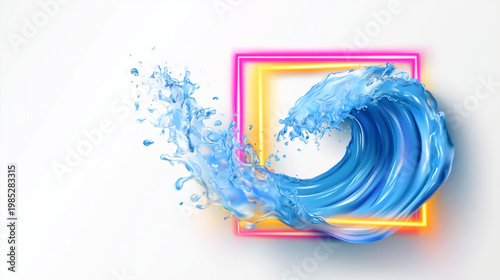 Dynamic blue water wave with neon frame splashing against white background