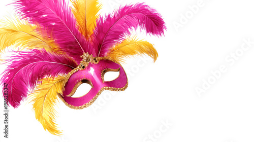 Vibrant pink and yellow feathered carnival mask on white background