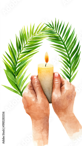 Watercolor of hands holding candle and palm leaves with warm light