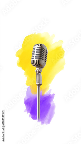 Retro microphone on colorful watercolor background for music and podcast themes