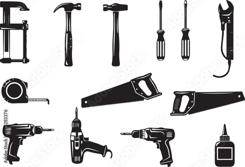 A collection of various hand and power tools, including hammers, saws, drills, and wrenches, presented in silhouette