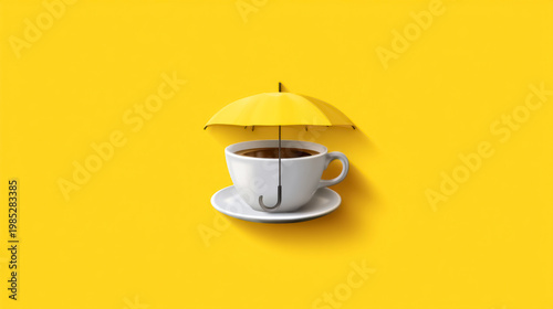 Yellow umbrella over coffee cup on bright yellow background