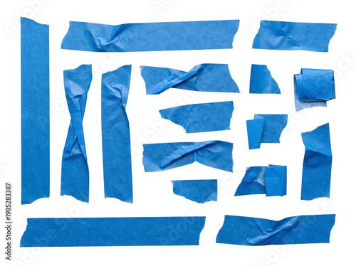 Assorted blue painter's tape pieces, some crumpled and torn, isolated on a transparent background.