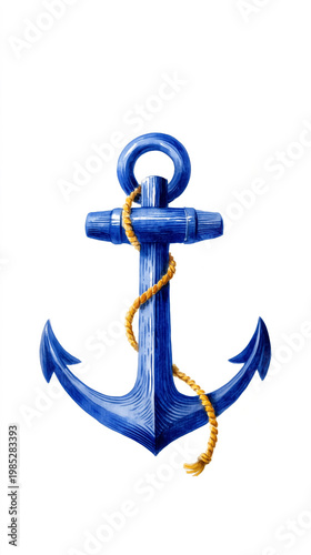 Blue anchor with rope on white background