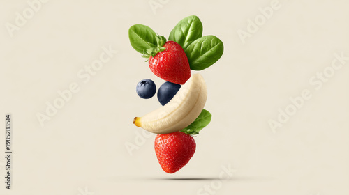 Floating fruit and leaf composition with strawberries, banana, blueberries, and green spinach