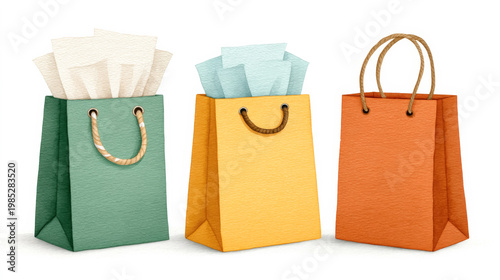 Colorful shopping bags with tissue paper on white background