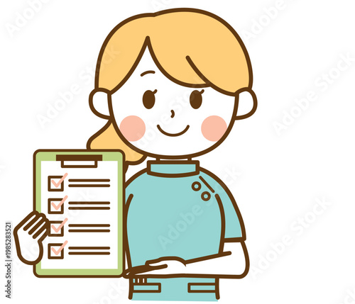 チェックリストを持って説明している薬剤師の女性のイラスト