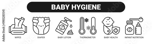 Baby Hygiene web banner icon vector illustration concept with icons of wipes, diaper, baby lotion, thermometer, baby health, and infant nutrition.