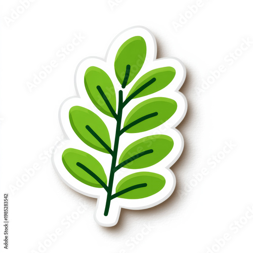 Vibrant green leaf sticker with simple design on white background