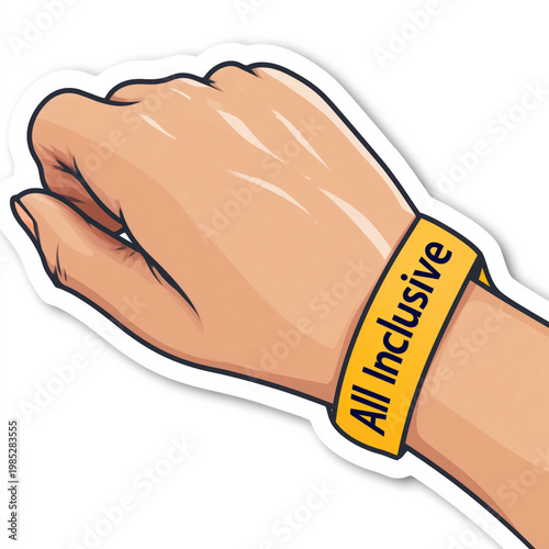 Yellow wristband on caucasian hand with 'all inclusive' text