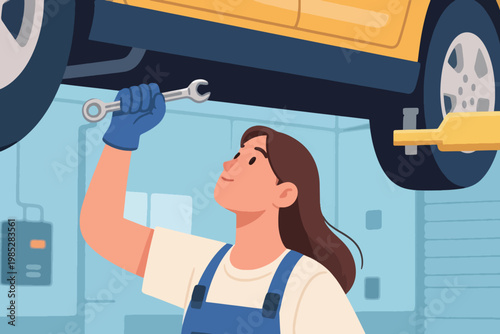 Illustration Of A Professional Female Mechanic Repairing A Car On A Hydraulic Jack Vector Design Template