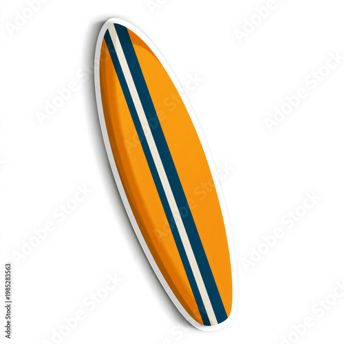 Bright orange surfboard with blue stripes on white background