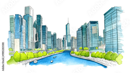 Vibrant cityscape with skyscrapers and river in watercolor art