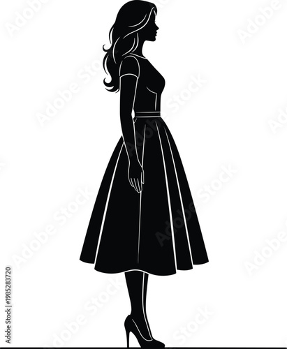 Profile silhouette of a woman wearing a stylish vintage dress and high heels.