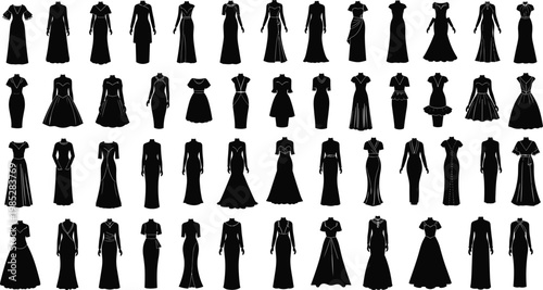 Collection of elegant women's dresses in silhouette on transparent background.