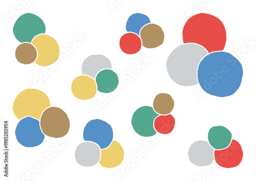 カラフルな3つの円が分子のように連なっている手描きのイラストセット