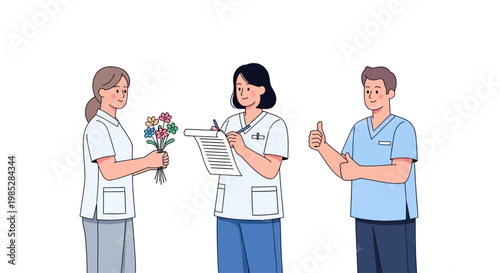 Healthcare Team Appreciation Nurses and Doctor with Flowers and Thumbs Up